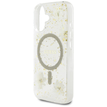 MagSafe hoes voor Apple iPhone 16, Guess, Resin Flowers and Glitter, Beige
