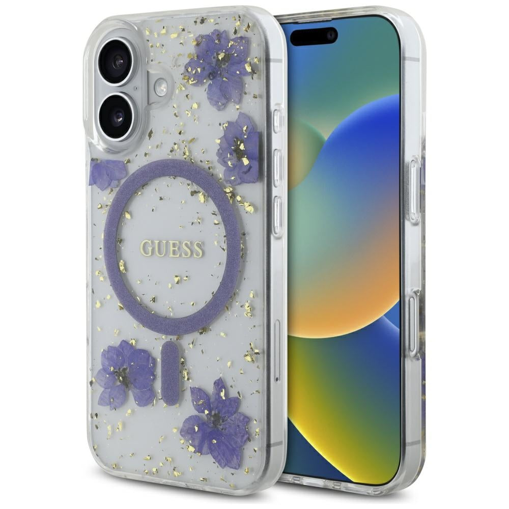 MagSafe hoesje voor Apple iPhone 16, Guess, Resin Flowers and Glitter, Paars