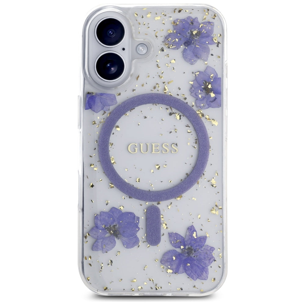 MagSafe hoesje voor Apple iPhone 16, Guess, Resin Flowers and Glitter, Paars