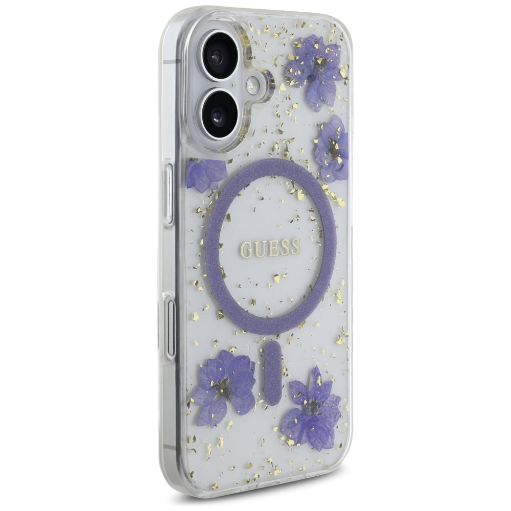 MagSafe hoesje voor Apple iPhone 16, Guess, Resin Flowers and Glitter, Paars
