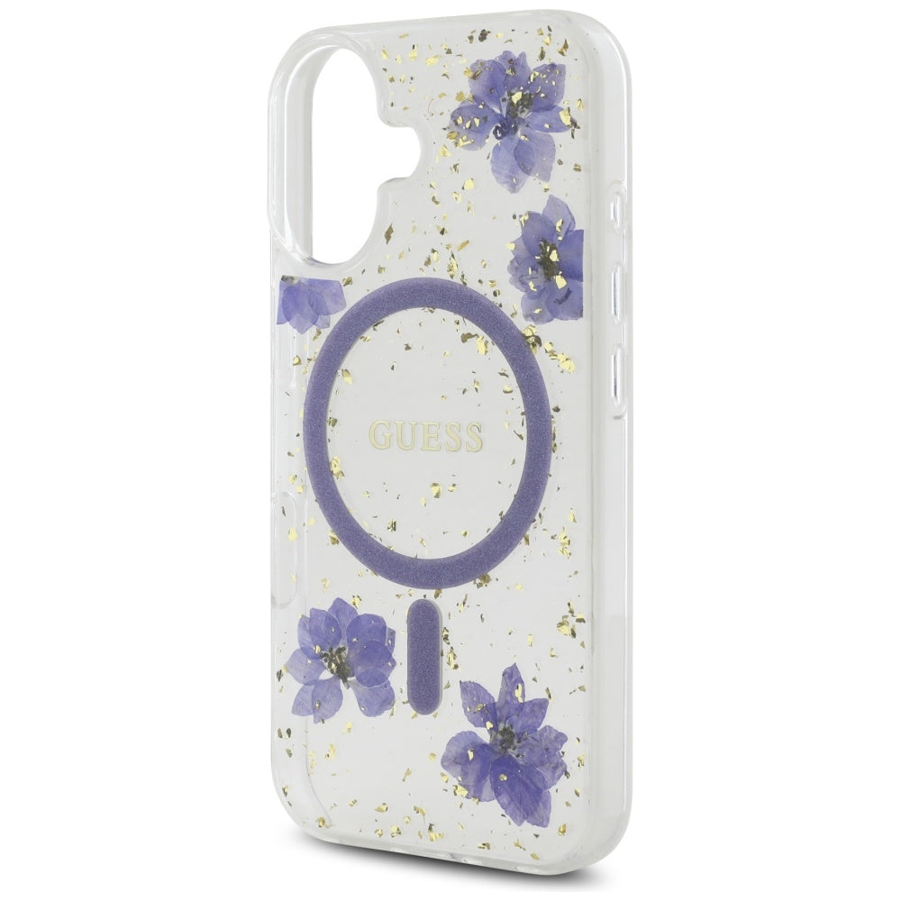 MagSafe hoesje voor Apple iPhone 16, Guess, Resin Flowers and Glitter, Paars