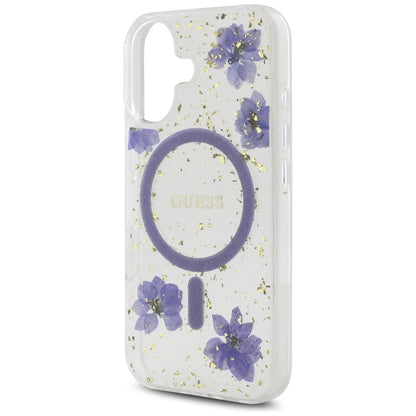 MagSafe hoesje voor Apple iPhone 16, Guess, Resin Flowers and Glitter, Paars