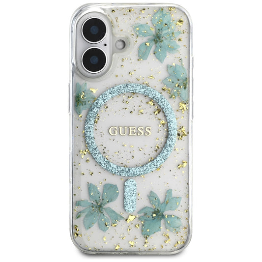 MagSafe Case for Apple iPhone 16, Guess, Resin Flowers and Glitter, Turquoise