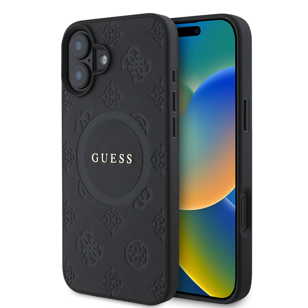 MagSafe hoesje voor Apple iPhone 16, Guess, Saffiano Peony Classic Logo, Zwart