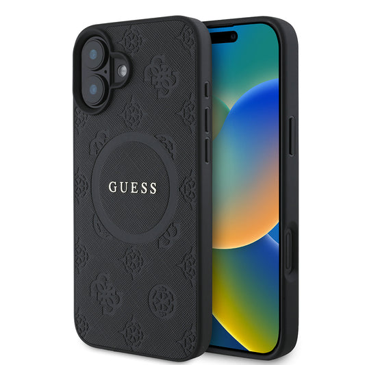 MagSafe hoesje voor Apple iPhone 16, Guess, Saffiano Peony Classic Logo, Zwart