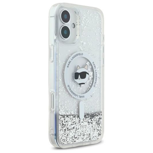 MagSafe hoes voor Apple iPhone 16, Karl Lagerfeld, Glitter Liquid Choupette Head, Transparant