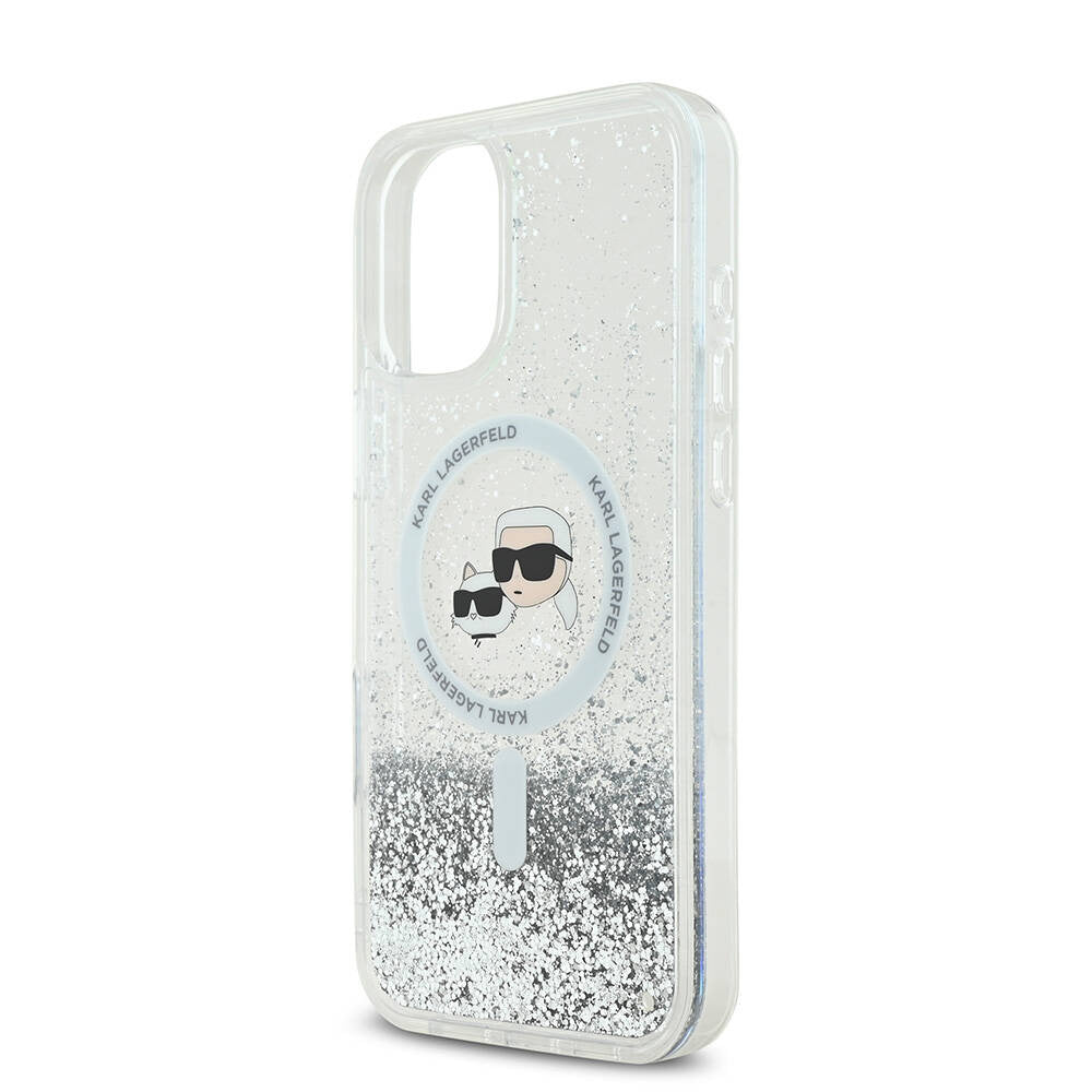 MagSafe hoes voor Apple iPhone 16, Karl Lagerfeld, Glitter Liquid Karl & Choupette's Heads, Transparant