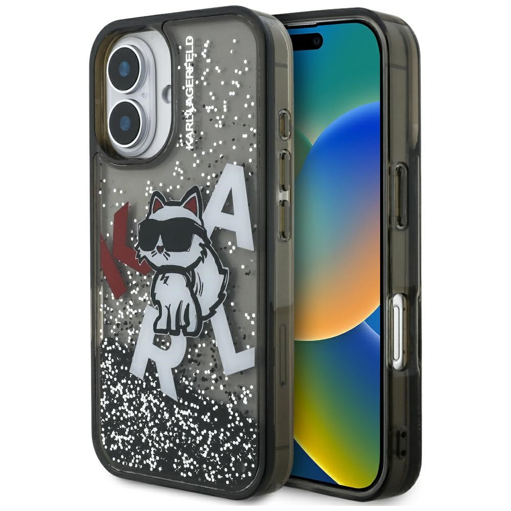 Coque MagSafe pour Apple iPhone 16, Karl Lagerfeld, Liquid Glitter Choupette Logo, Noire