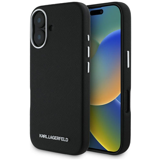 Étui MagSafe pour Apple iPhone 16, Karl Lagerfeld, Saffiano Full Wrapped Elongated Metal Logo, Noir