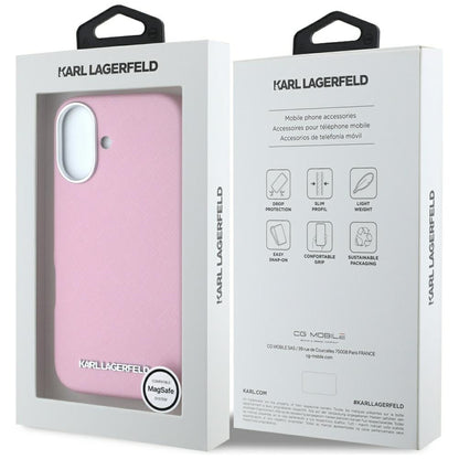 MagSafe hoesje voor Apple iPhone 16, Karl Lagerfeld, Saffiano Volledig Omhuld Verlengd Metalen Logo, Roze