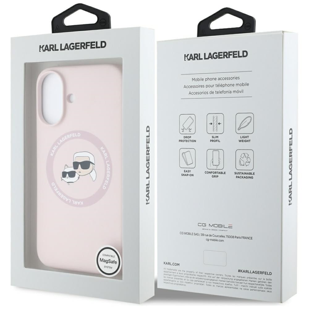 MagSafe Hülle für Apple iPhone 16, Karl Lagerfeld, Silikon Karl & Choupette's Köpfe, Rosa