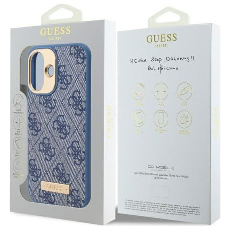 Coque MagSafe pour Apple iPhone 16 Plus, Guess, Plaque Logo 4G, Bleue