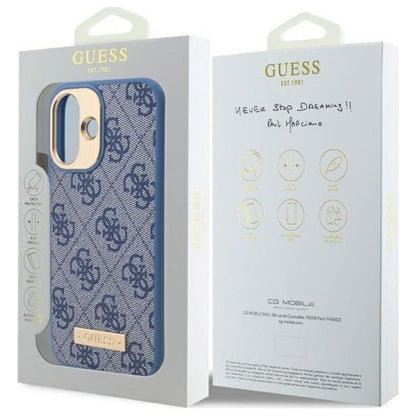 Coque MagSafe pour Apple iPhone 16 Plus, Guess, Plaque Logo 4G, Bleue