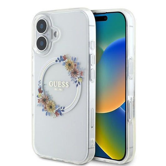 Étui MagSafe pour Apple iPhone 16 Plus, Guess, IML Flowers Wreath, Transparent