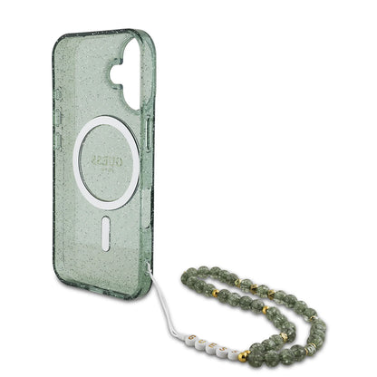 Coque MagSafe pour Apple iPhone 16 Plus, Guess, IML Glitter avec sangle perle, Vert