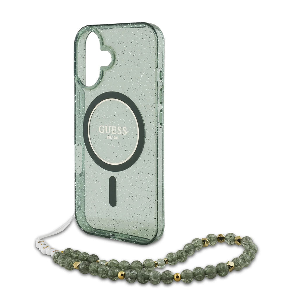 Coque MagSafe pour Apple iPhone 16 Plus, Guess, IML Glitter avec sangle perle, Vert