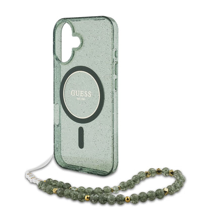 Coque MagSafe pour Apple iPhone 16 Plus, Guess, IML Glitter avec sangle perle, Vert
