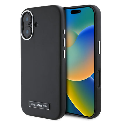 Étui MagSafe pour Apple iPhone 16 Plus, Karl Lagerfeld, Plaque Métallique FW, Noir