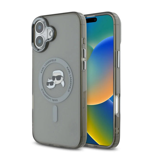 Housse MagSafe pour Apple iPhone 16 Plus, Karl Lagerfeld, IML Metal Karl & Choupette's Heads, Noire