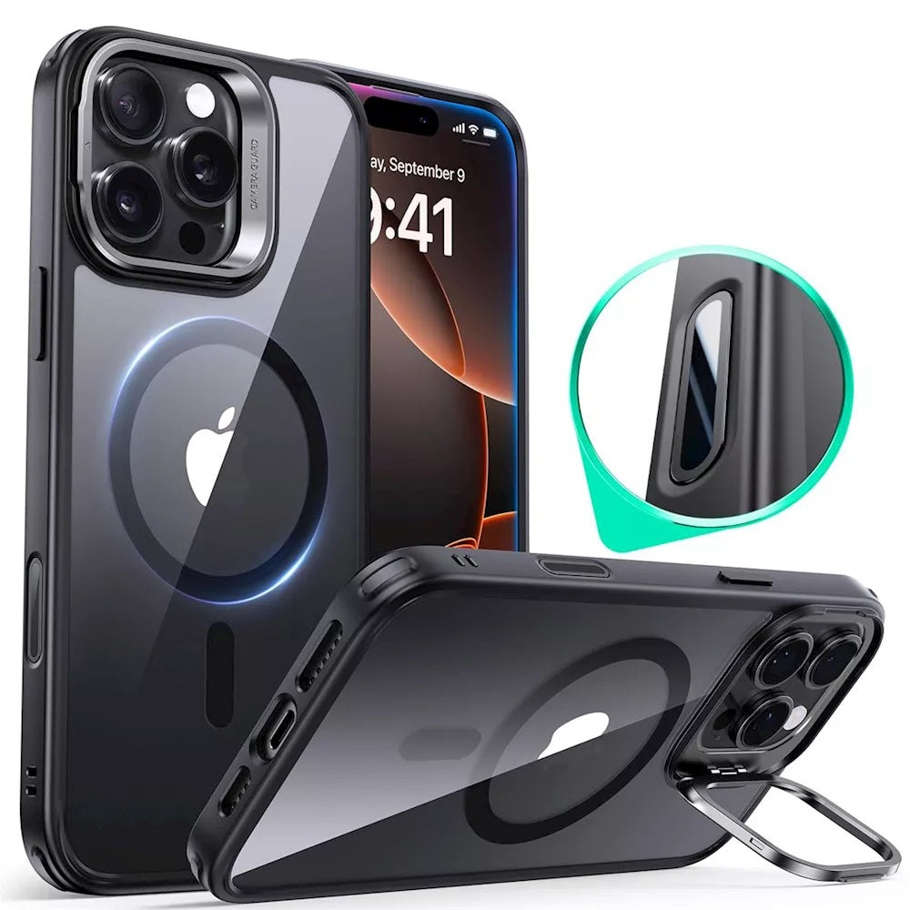 Hoes MagSafe voor Apple iPhone 16 Pro, ESR, Classic Hybrid Kickstand Slide, Zwart Transparant