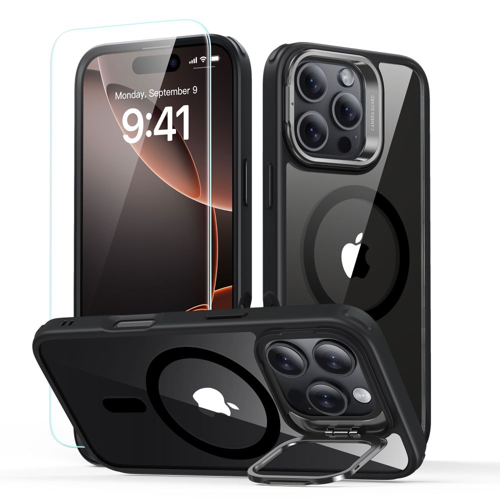 MagSafe hoesje voor Apple iPhone 16 Pro, ESR, Classic Hybrid Kickstand met Schermbeschermer, Transparant Zwart