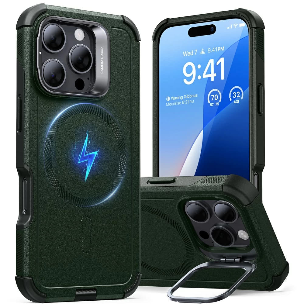 Étui MagSafe pour Apple iPhone 16 Pro, ESR, Cyber Armor Kickstand, Vert
