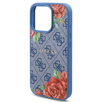 Coque MagSafe pour Apple iPhone 16 Pro, Guess, Imprimé Fleurs 4G, Bleue