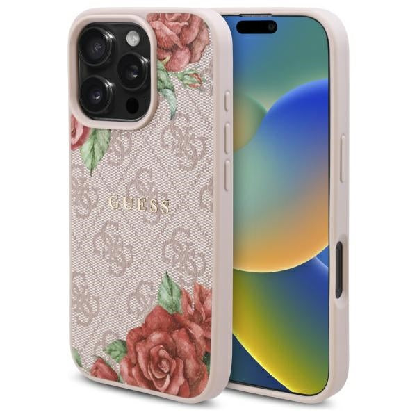 Coque MagSafe pour Apple iPhone 16 Pro, Guess, Imprimé Fleurs 4G, Rose