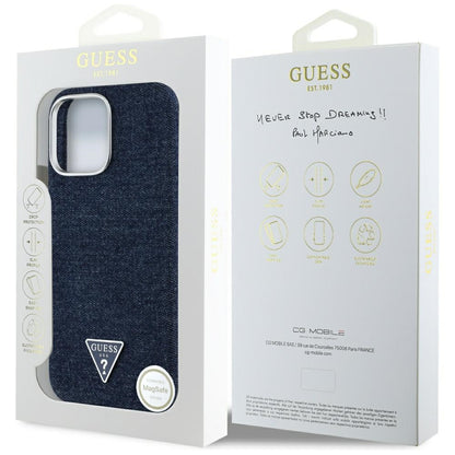 MagSafe Case for Apple iPhone 16 Pro, Guess, Denim Triangle Logo, Blue