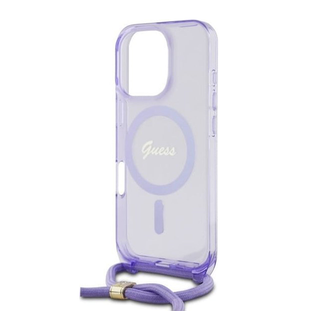MagSafe hoesje voor Apple iPhone 16 Pro, Guess, IML Crossbody Cord Script, Paars