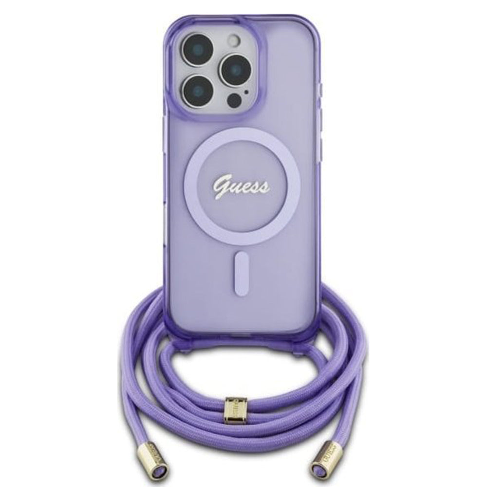 MagSafe hoesje voor Apple iPhone 16 Pro, Guess, IML Crossbody Cord Script, Paars