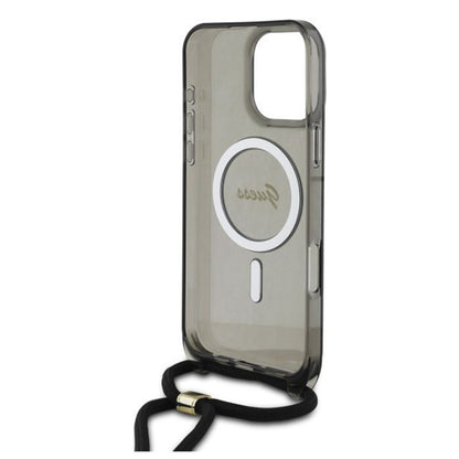 MagSafe hoesje voor Apple iPhone 16 Pro, Guess, IML Crossbody Cord Script, Zwart