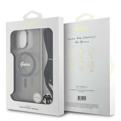 MagSafe hoesje voor Apple iPhone 16 Pro, Guess, IML Crossbody Cord Script, Zwart