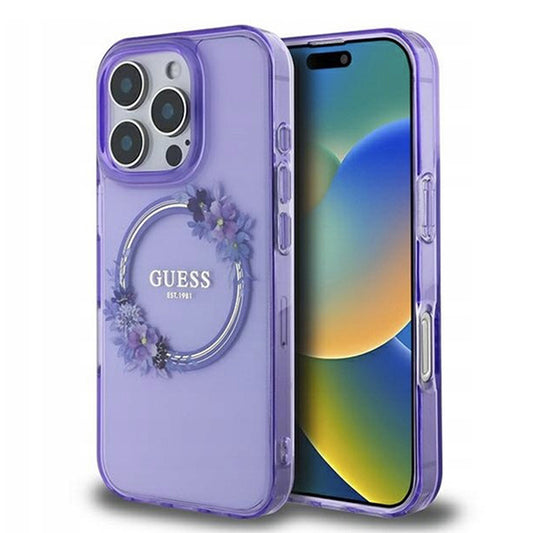 Étui MagSafe pour Apple iPhone 16 Pro, Guess, IML Couronne de Fleurs, Violet