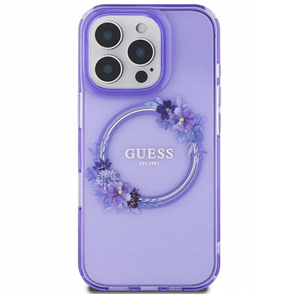 MagSafe Hülle für Apple iPhone 16 Pro, Guess, IML Flowers Wreath, Lila