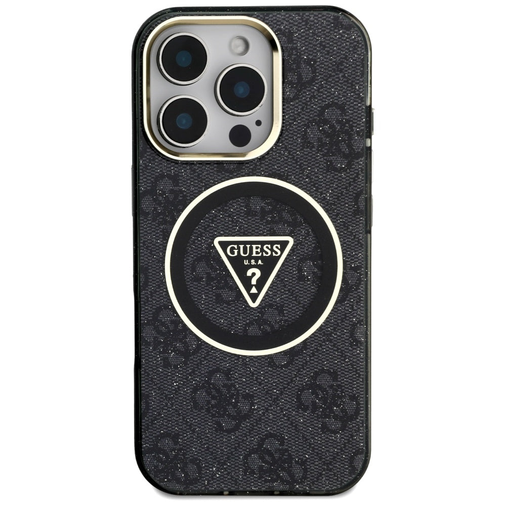 MagSafe Case for Apple iPhone 16 Pro, Guess, IML Glitter 4G Circle Triangle, Black