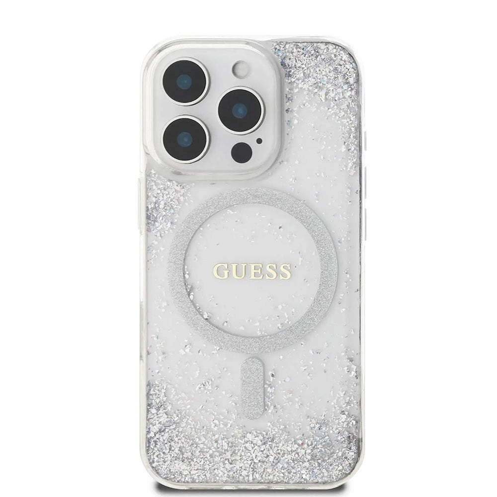Coque MagSafe pour Apple iPhone 16 Pro, Guess, IML Glitter Gradient, Argentée
