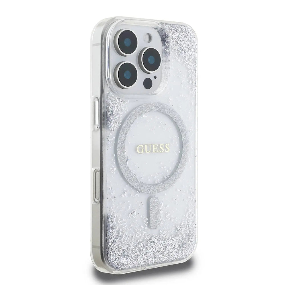 Coque MagSafe pour Apple iPhone 16 Pro, Guess, IML Glitter Gradient, Argentée