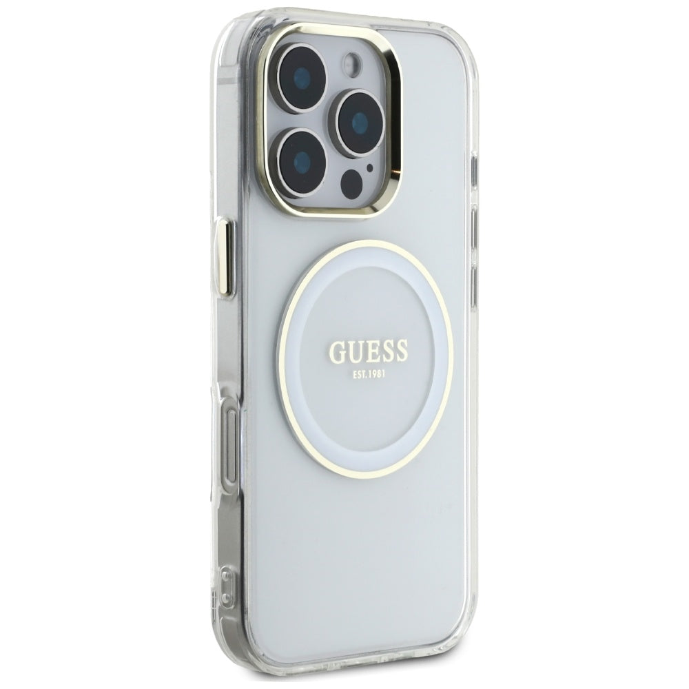 Coque MagSafe pour Apple iPhone 16 Pro, Guess, IML Cercle Métallique Coloré, Blanc