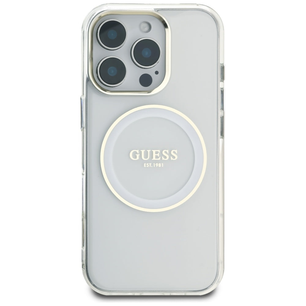 Coque MagSafe pour Apple iPhone 16 Pro, Guess, IML Cercle Métallique Coloré, Blanc