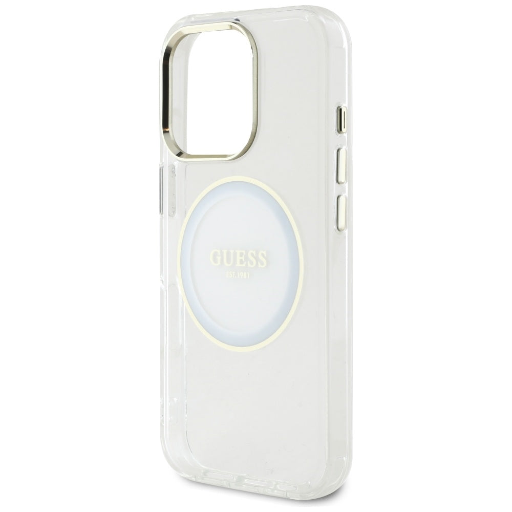 Coque MagSafe pour Apple iPhone 16 Pro, Guess, IML Cercle Métallique Coloré, Blanc