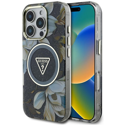 MagSafe Hülle für Apple iPhone 16 Pro, Guess, IML Metal Glitter Flowers Triangle, Schwarz