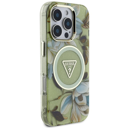 Coque MagSafe pour Apple iPhone 16 Pro, Guess, IML Metal Glitter Flowers Triangle, Vert
