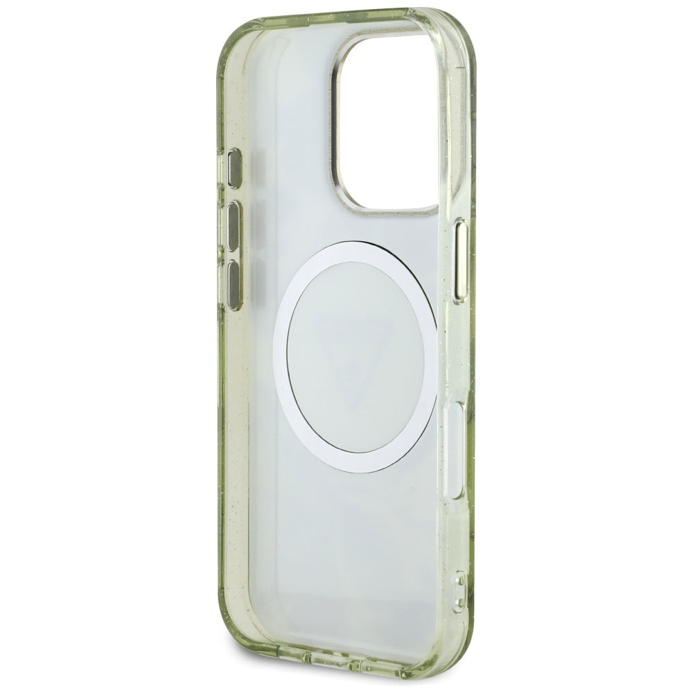 Coque MagSafe pour Apple iPhone 16 Pro, Guess, IML Metal Glitter Flowers Triangle, Vert