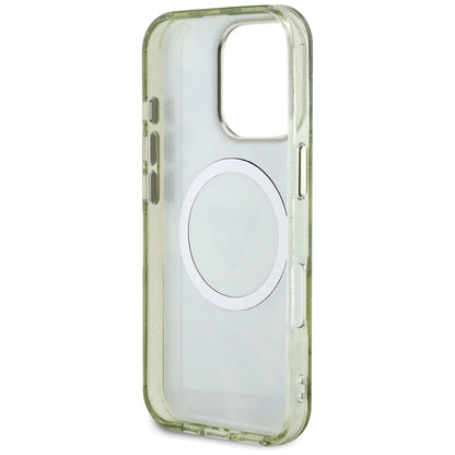 Coque MagSafe pour Apple iPhone 16 Pro, Guess, IML Metal Glitter Flowers Triangle, Vert