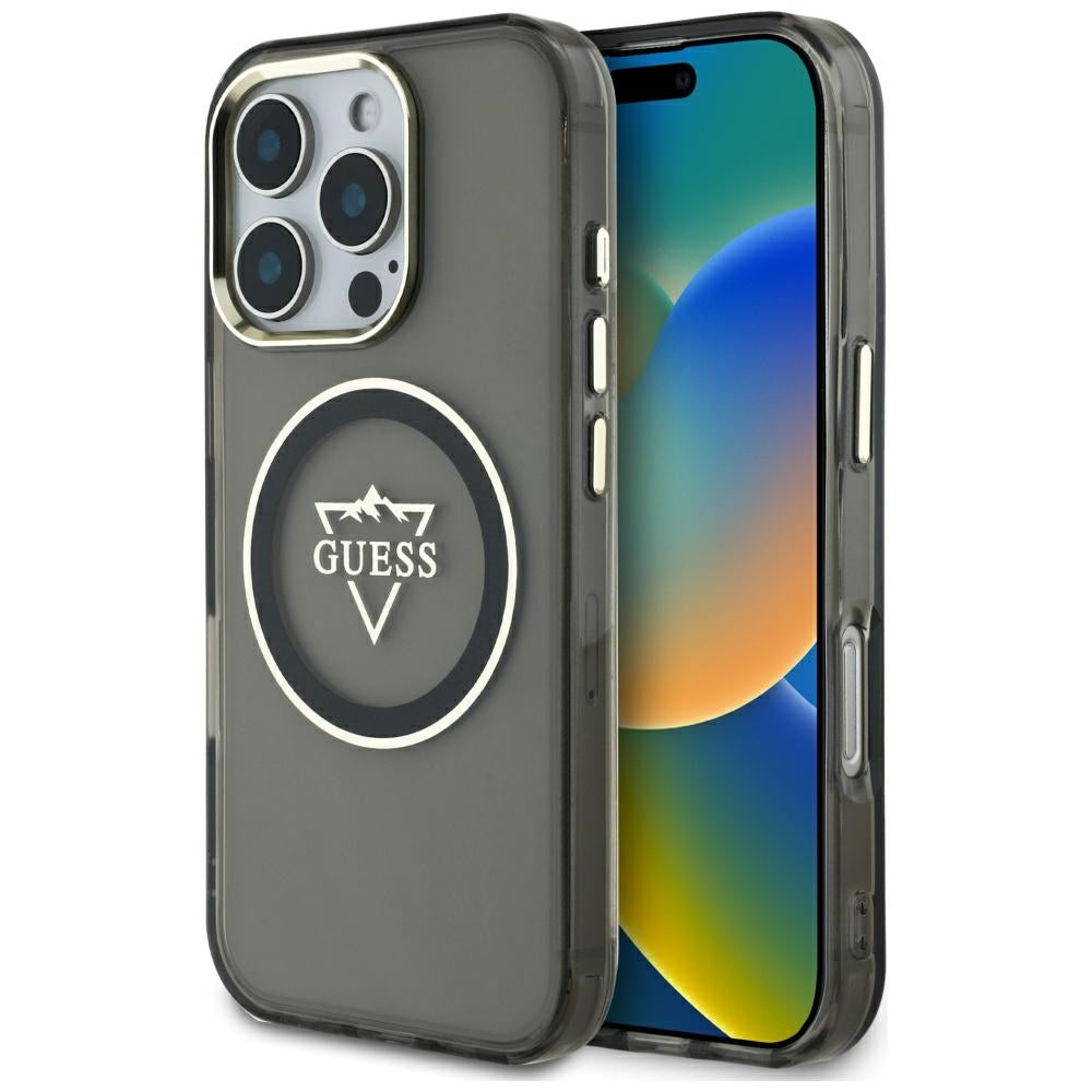 Coque MagSafe pour Apple iPhone 16 Pro, Guess, logo IML Metal Mountain, Noire