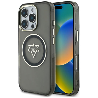 Coque MagSafe pour Apple iPhone 16 Pro, Guess, logo IML Metal Mountain, Noire