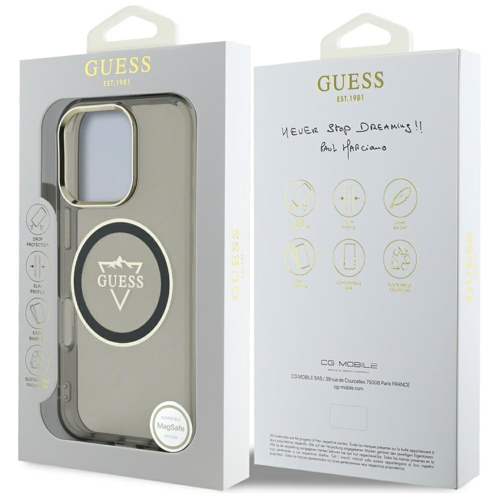 Coque MagSafe pour Apple iPhone 16 Pro, Guess, logo IML Metal Mountain, Noire