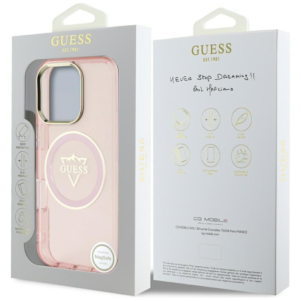 Coque MagSafe pour Apple iPhone 16 Pro, Guess, logo IML Metal Mountain, Rose
