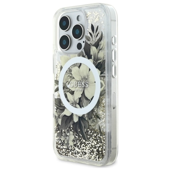 Étui MagSafe pour Apple iPhone 16 Pro, Guess, Liquid Glitter Flower, Beige